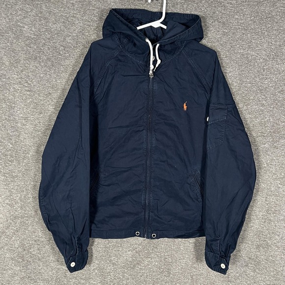 Vintage Polo Ralph Lauren Jacket Men 2XL Blue Hooded Full Zip Cotton Snap Hood